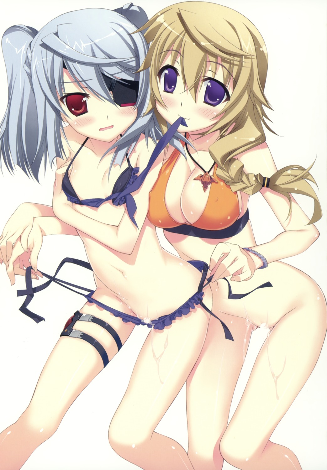 censored charlotte_dunois erect_nipples essentia eye_patch female fujima_takuya infinite_stratos laura_bodewig mizugi nipples panty_pull pussy pussy_juice rule34 undressing wet