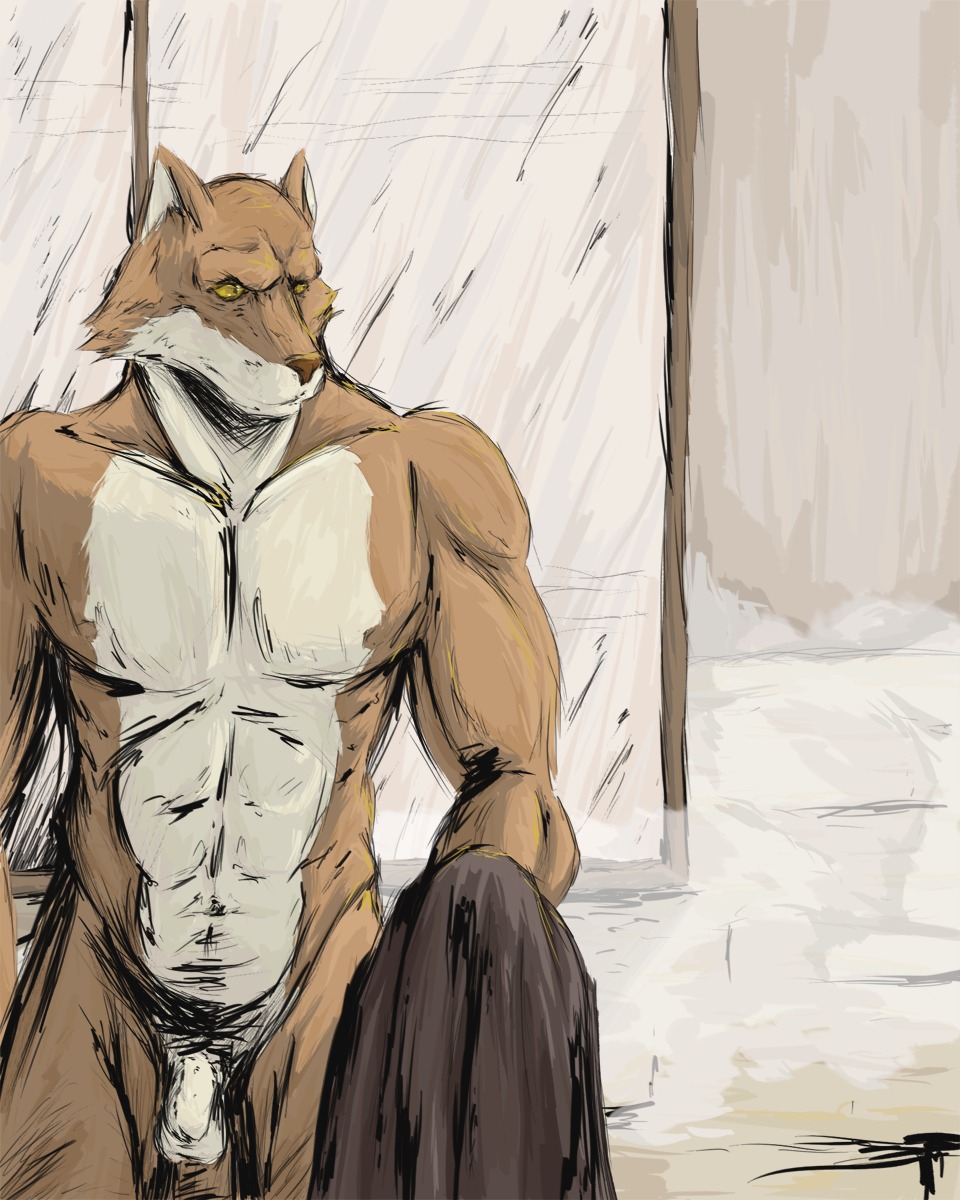 4:5 abs anthro ayvee balls biceps bleach_(series) brown_body brown_fur canid canine canis clothing e621 flaccid foreskin fur genitals hi_res inutonotawamure male mammal muscular muscular_anthro muscular_male nipples nude pecs penis pose sajin_komamura solo undressing white_body white_fur wolf yellow_eyes