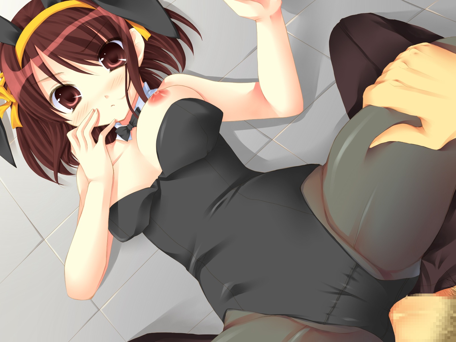 1girls animal_ears blush breasts brown_eyes brown_hair censored clothing female fujino_yuika large_breasts nipples pantyhose rabbit_ears rule34 small_breasts suzumiya_haruhi suzumiya_haruhi_no_yuuutsu