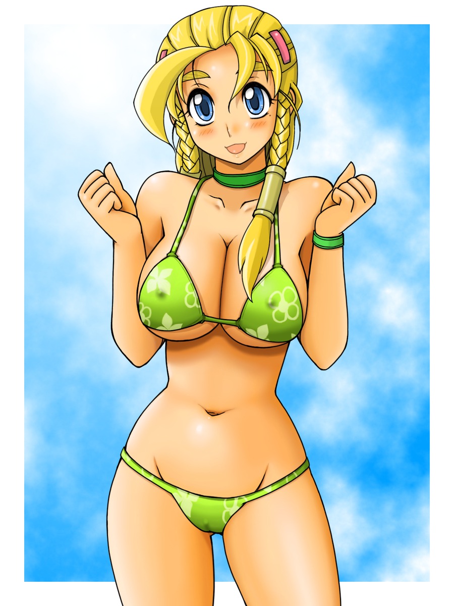 1girls bikini blonde_hair blue_eyes blush breasts cryptobiosis erect_nipples female female_only green_bikini highres history's_strongest_disciple_kenichi large_breasts miu_furinji nipples rule34 smile solo swimsuit tsumitani_daisuke