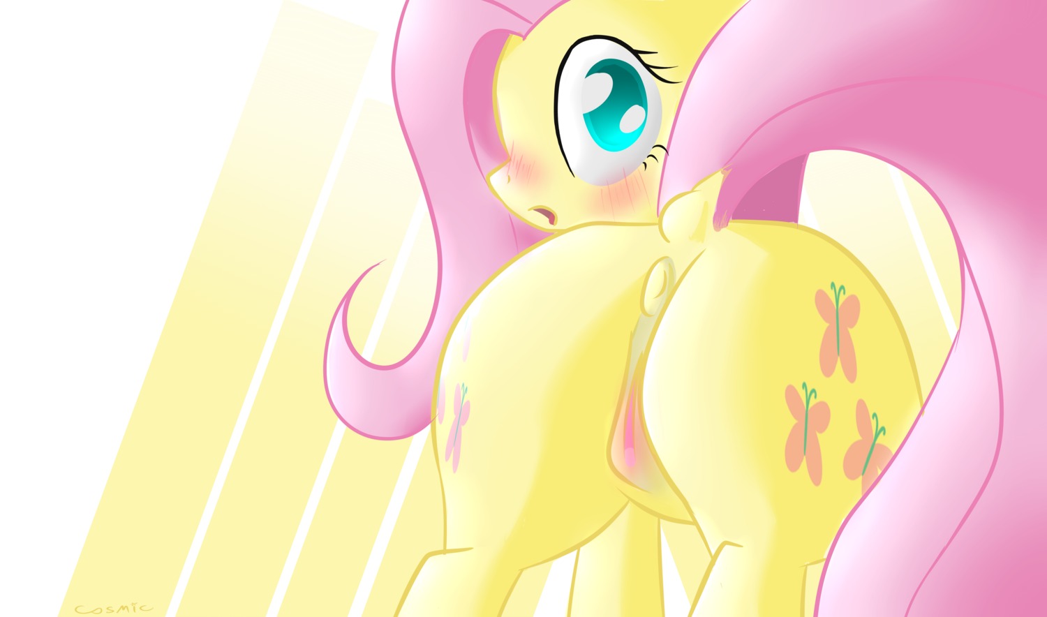 2013 absurd_res anus blush butt cutie_mark e621 equid equine female feral fluttershy_(mlp) friendship_is_magic fur futaku genitals hair hasbro hi_res horse long_hair looking_at_viewer looking_back mammal my_little_pony pink_hair pony quadruped raised_tail solo standing tail vulva yellow_body yellow_fur