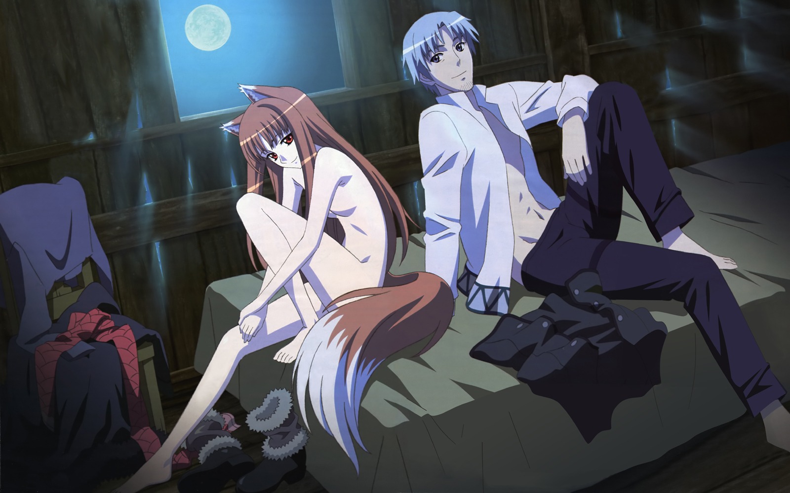 1girls barefoot bed breasts brown_hair clothing female highres holo kraft_lawrence long_hair moon nude official_art rule34 sasaki_masashi short_hair silver_hair small_breasts spice_and_wolf tail wolf_ears wolf_tail
