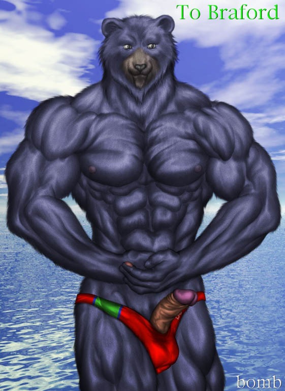 abs anthro balls bear biceps biped blue_body blue_fur bomb_(artist) brown_body brown_fur clothed clothing cloud detailed_background e621 erection flexing foreskin fur genitals glans humanoid_genitalia humanoid_penis looking_at_viewer male mammal muscular muscular_anthro muscular_male nipples outside pecs penis penis_poking_out pinup pop_out pose retracted_foreskin sea seascape sky solo speedo standing swimwear thong topless underwear vein water