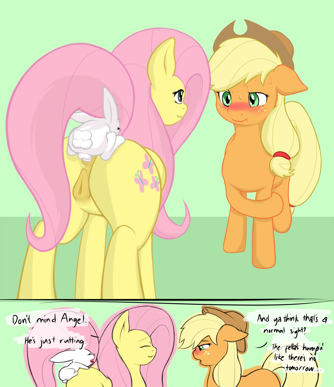 2014 anal anal_penetration angel_(mlp) anus applejack_(mlp) balls blonde_hair blush bodily_fluids butt casual_sex clothing cowboy_hat cutie_mark e621 earth_pony english_text equid equine equine_anus eyes_closed feathered_wings feathers female feral fluttershy_(mlp) freckles friendship_is_magic from_behind_position fur genitals green_eyes group hair hasbro hat headgear headwear hi_res horse interspecies lagomorph larger_female leporid long_hair male male/female mammal mostly_nude my_little_pony mythological_creature mythological_equine mythology nude orange_body orange_fur pegasus penetration penis perching_position pink_hair pony puffy_anus rabbit sex size_difference smaller_male standing sweat text vulapa vulva wings yellow_body yellow_feathers yellow_fur