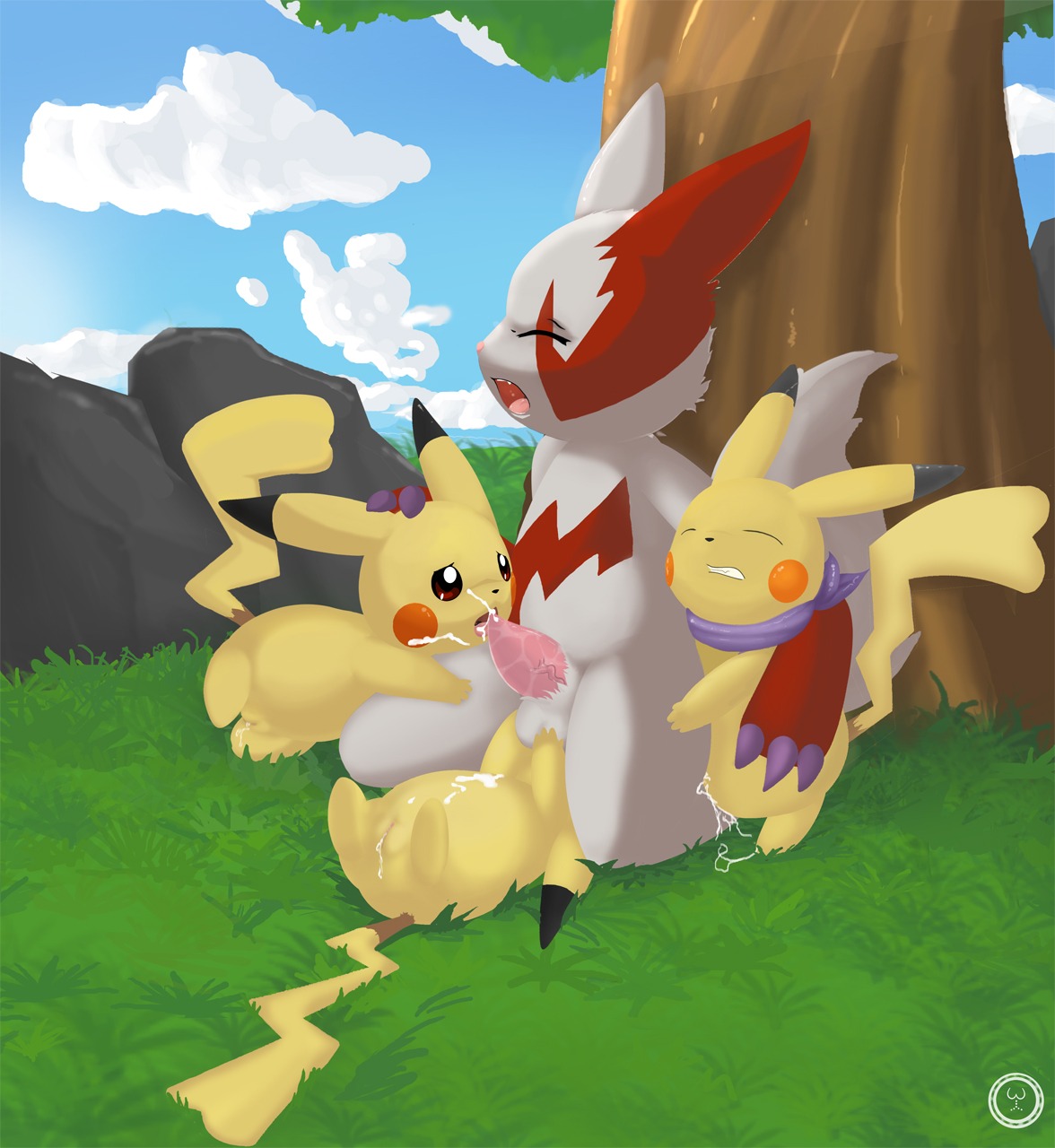 ambiguous_gender claws color cum female fur interspecies male male/ambiguous multiple_females multiple_girls nintendo nude outdoors penis pikachu pokemon pokemon_(species) pussy red_fur rule34 straight tree tricksta vulva white_fur yellow_fur zangoose