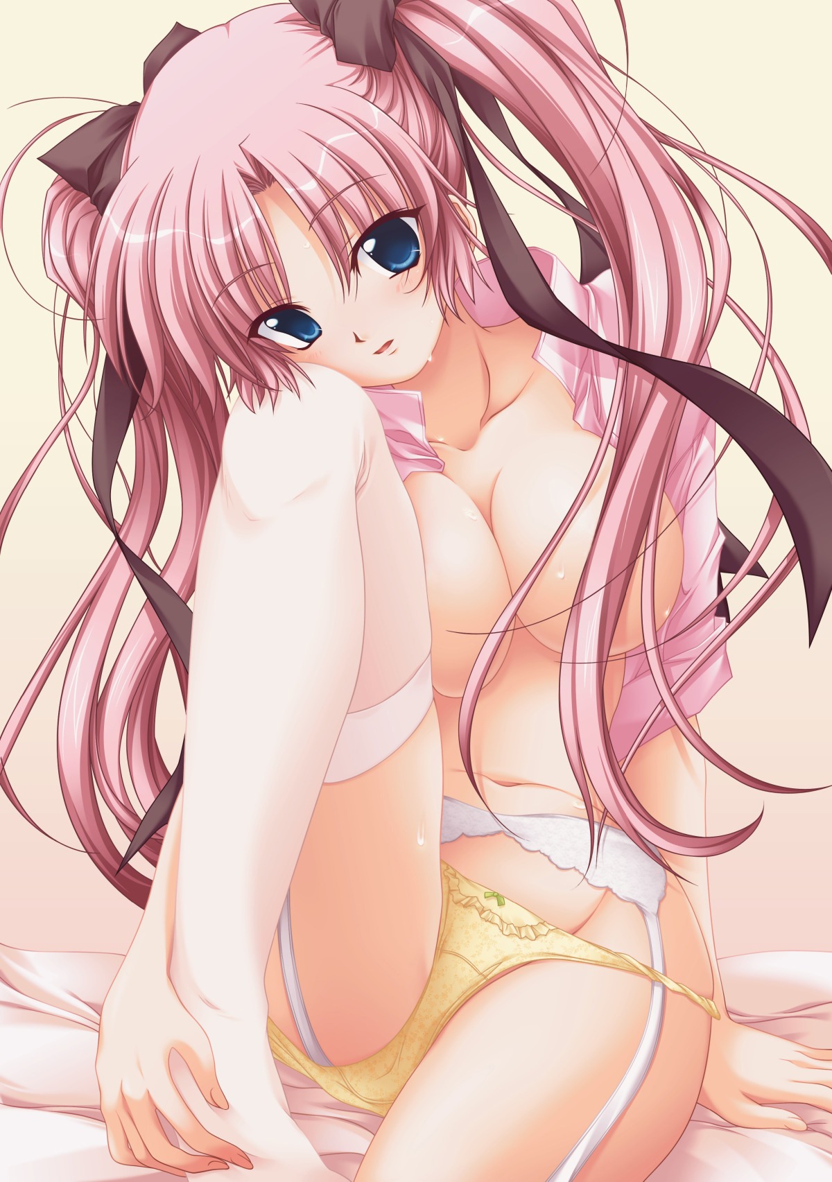 ayakaze_ryuushou bed blue_eyes breasts censored convenient_censoring female female_only garter_belt hair_over_breasts head_tilt highres human large_breasts legwear lingerie long_hair nurse_no_obenkyou open_clothes open_shirt panties pink_hair rule34 shirt sitting solo stockings takano_hina thighhighs tied_hair topless twintails underwear yellow_panties
