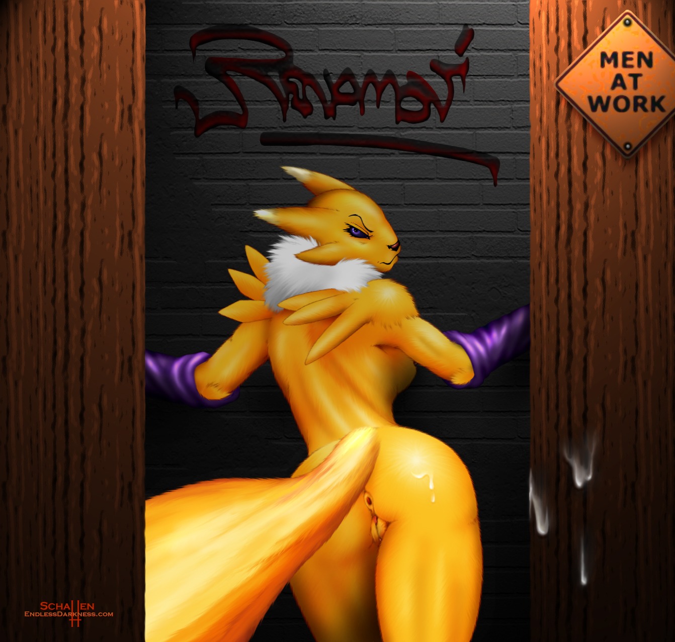 anthro anus armwear bandai_namco black_sclera blue_eyes bodily_fluids breasts bridal_gauntlets canid canine chest_tuft clothing cum digimon digimon_(species) e621 facial_markings female fur genital_fluids genitals head_markings hi_res looking_at_viewer looking_back mammal markings mostly_nude rear_view renamon schatten side_boob solo tail tuft vulva white_body white_fur yellow_body yellow_fur