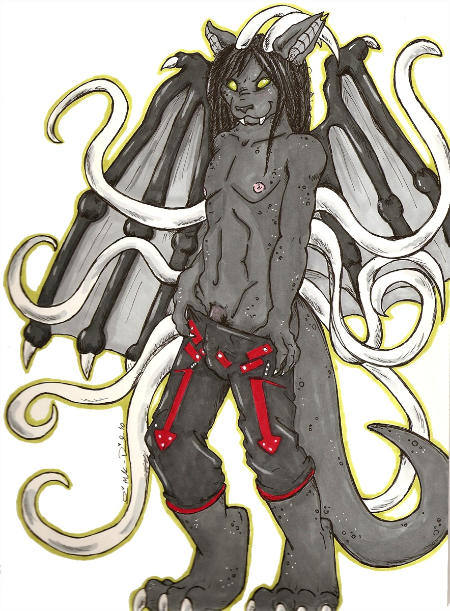 alternative_fashion anthro back_tentacles bat bat_ears big_tail bondage_pants bottomwear bulge claws clothed clothing cuddlydeadkitten cybergoth dreadlocks e621 empty_eyes fangs flaccid gargoyle genitals goth hi_res horn male mammal membrane_(anatomy) membranous_wings nipples pants penis simple_background solo striptease tail teasing teeth tentacles undressing white_background wings zuki_akula