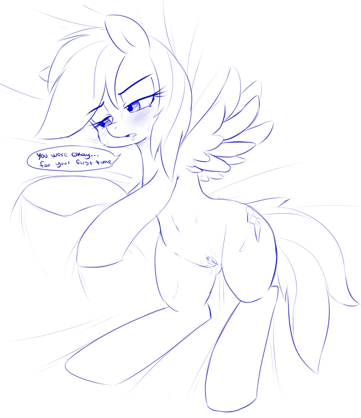 after_sex blue_and_white blush bodily_fluids cutie_mark dialogue digital_drawing_(artwork) digital_media_(artwork) e621 english_text equid equine feathered_wings feathers female friendship_is_magic genitals hasbro hi_res mammal monochrome my_little_pony mythological_creature mythological_equine mythology pegasus rainbow_dash_(mlp) solo sweat tenshigarden text vulva wings