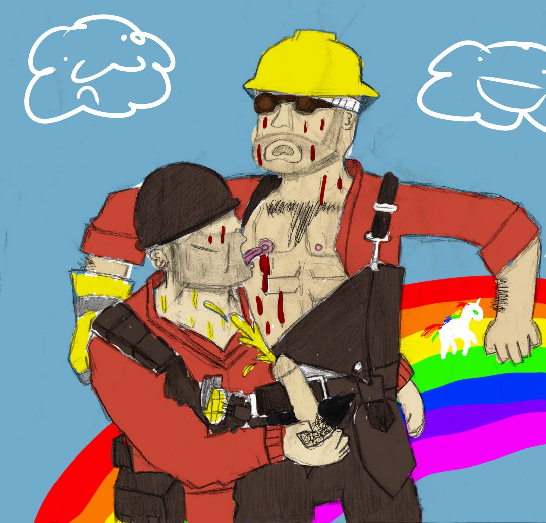 2boys 2d engineer_(team_fortress_2) human human_male human_only male male_only rule34 samboengie soldier_(team_fortress_2) team_fortress_2 yaoi