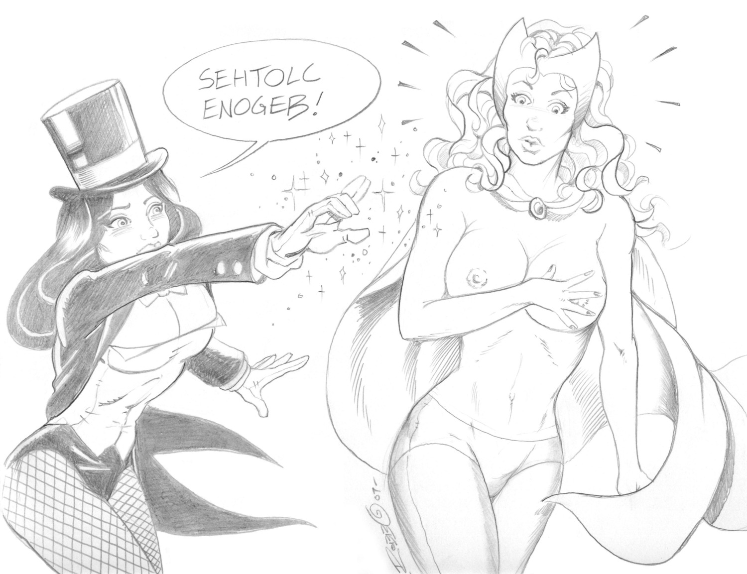 avengers black_and_white crossover dc dc_comics female female_only human marvel marvel_comics monochrome multiple_females mutant_(marvel) robin_thompson rule34 scarlet_witch straight_hair wanda_maximoff x-men zatanna
