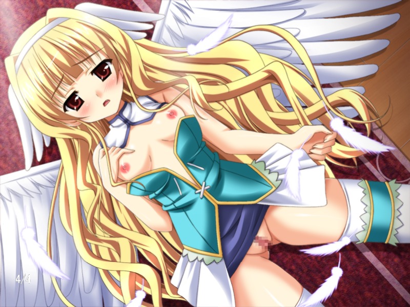 blonde_hair blush breasts censored female female_only nipples pussy rule34 wings