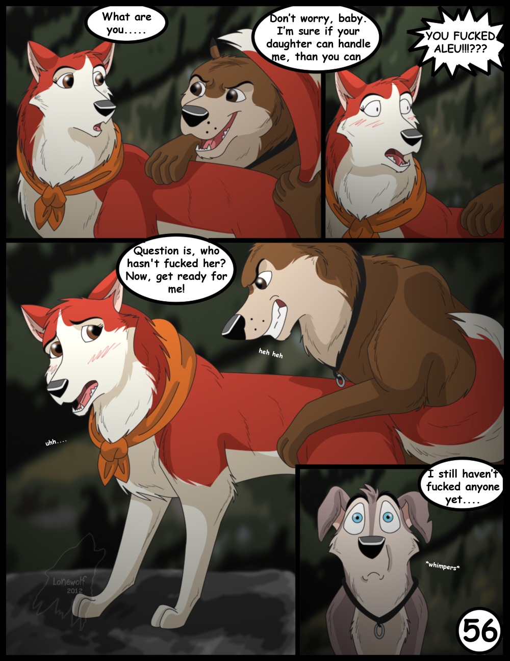 2012 alaskan_malamute balto_(series) being_watched blush canid canine canis comic dialogue digital_media_(artwork) domestic_dog e621 english_text family_secret_(lonewolf) female feral feral_on_feral from_behind_position group hi_res husky jenna_(balto) lonewolf looking_at_another male mammal nikki_(balto) nordic_sled_dog open_mouth profanity scarf sex smile spitz star star_(balto) surprised tail tail_grab tail_pull text universal_studios whimper