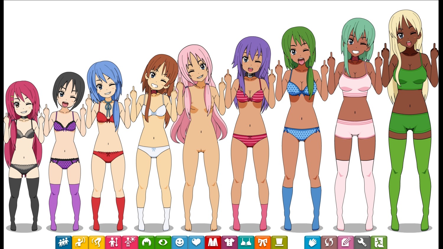 6+girls 9girls black_hair blonde_hair blue_hair bra brown_hair female flipping_off green_hair k_kisekae2 lineup looking_at_viewer middle_finger multiple_females multiple_girls panties pink_hair purple_hair pussy red_hair rule34 stockings tagme take_your_pick