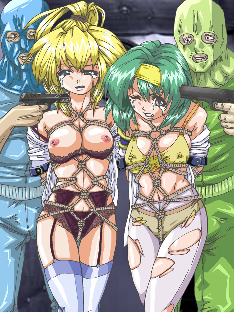 2girls bondage bra breasts burn-up_w clothing crotch_rope female hishinawa_shibari matanawa maya_jingu multiple_females multiple_girls nightmare_express nipples panties pantyhose rape rio_kinezono rope rule34 stockings tear thighhighs torn_clothes torn_pantyhose wince