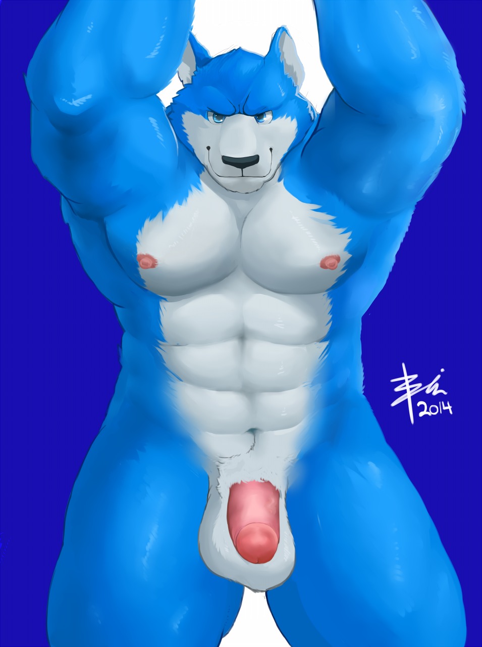 2014 abs anthro arms_above_head balls belly biceps big_muscles big_penis bin_(artist) biped black_nose blue_body blue_eyes blue_fur canid canine canis circumcised e621 flaccid fur genitals hi_res humanoid_genitalia humanoid_penis looking_at_viewer male mammal mike_(freehugz) muscular muscular_anthro muscular_male nude pecs penis pink_penis simple_background smile solo standing white_belly white_body white_fur wolf