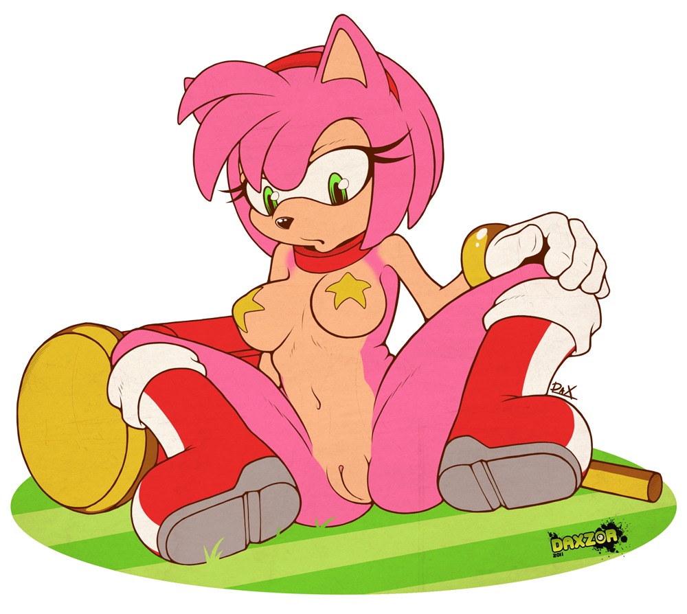 2011 amy_rose anthro biped black_nose boots breasts clothing daxzor e621 eulipotyphlan female footwear genitals gloves green_eyes hammer handwear hedgehog mammal melee_weapon mostly_nude navel piko_piko_hammer pink_body plump_labia pose sega shoes simple_background solo sonic_the_hedgehog_(series) spread_legs spreading star tools vulva weapon white_background