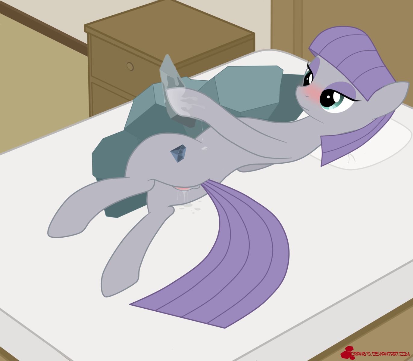 2014 absurd_res bed blue_eyes blush bodily_fluids cutie_mark dildo e621 earth_pony equid equine female friendship_is_magic furniture genital_fluids genitals hair hasbro hi_res horse lying mammal maud_pie_(mlp) my_little_pony orange111 pony purple_hair rock sex_toy solo vaginal_fluids vulva wet