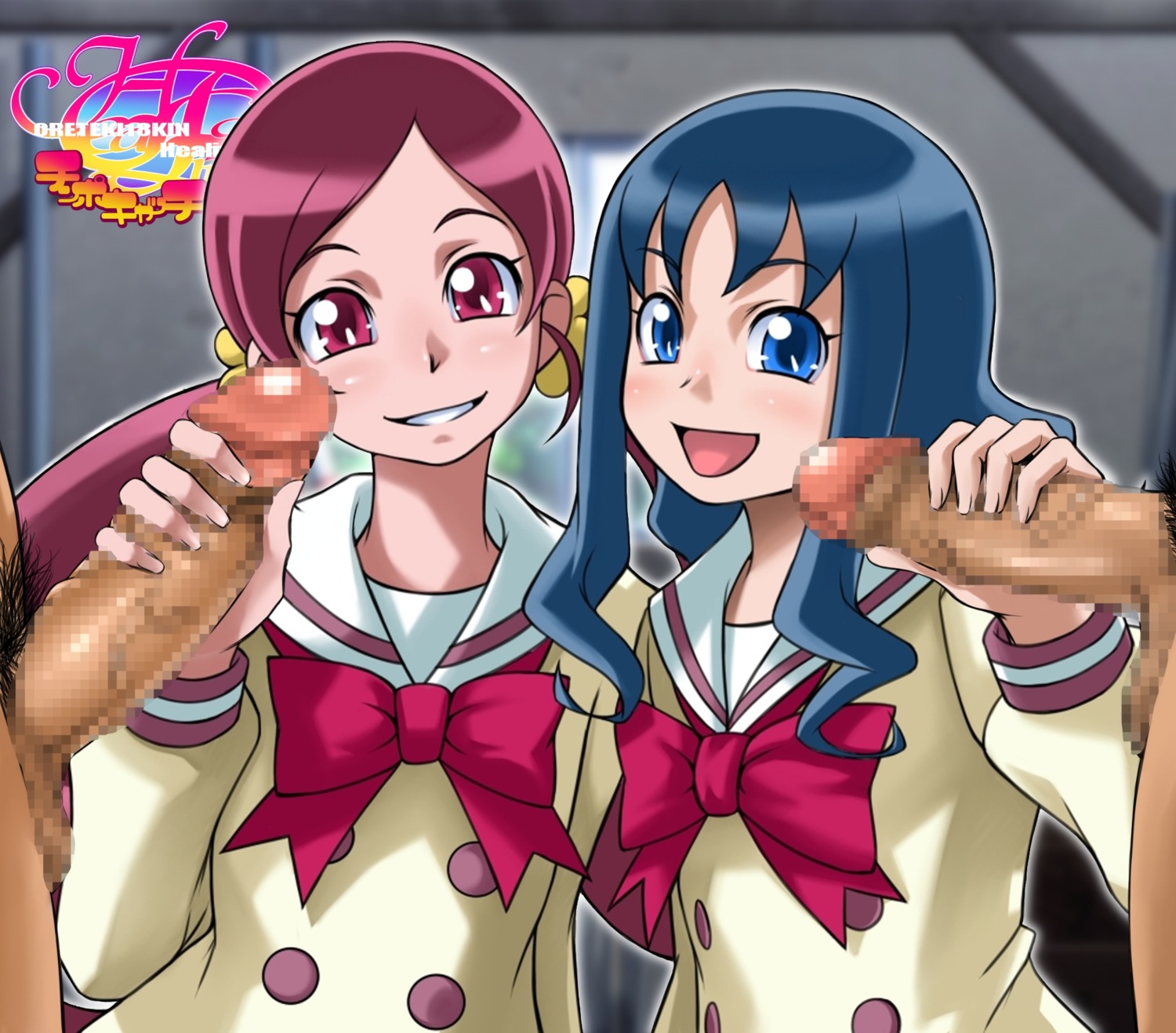 2girls blue_eyes blue_hair bowtie censored clothing erika_kurumi female handjob heartcatch_precure! heartcatch_pretty_cure! highres long_sleeves male multiple_females multiple_girls open_mouth oreteki penis pink_eyes pink_hair precure pretty_cure pubic_hair rule34 tsubomi_hanasaki unseen_male_face