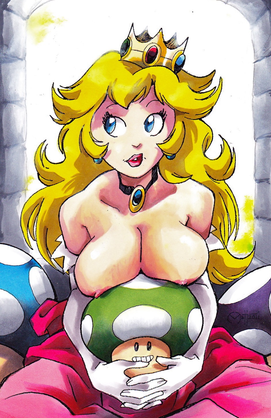 1up areola blonde_hair blue_eyes breast_press breast_rest breasts breasts_out cleavage crown dress ear_piercing exposed_breasts female gloves human joehentai large_breasts lipstick long_gloves long_hair looking_away mario_(series) mushroom necklace nintendo nipples princess_peach red_lipstick rule34 sitting smile super_mario_bros. thick_lips topless white_gloves