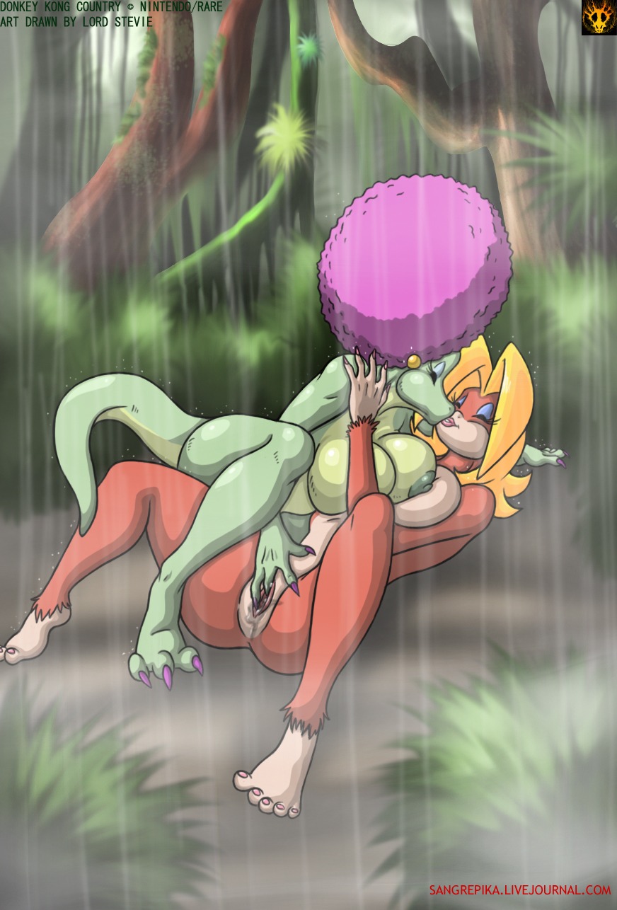 2011 afro anthro anthro_on_anthro ape big_breasts blonde_hair bodily_fluids breast_squish breasts breasts_frottage candy_kong claws crocodilian donkey_kong_(series) donkey_kong_barrel_blast duo e621 eyes_closed female female/female fingering genital_fluids genitals hair haplorhine hi_res interspecies kalypso kiss_on_lips kissing kong kremling lordstevie lying mammal nintendo nipples nude on_back outside primate purple_hair raining reptile scalie spread_legs spreading squish tail text toe_claws url vaginal vaginal_fingering vaginal_fluids vulva watermark wet