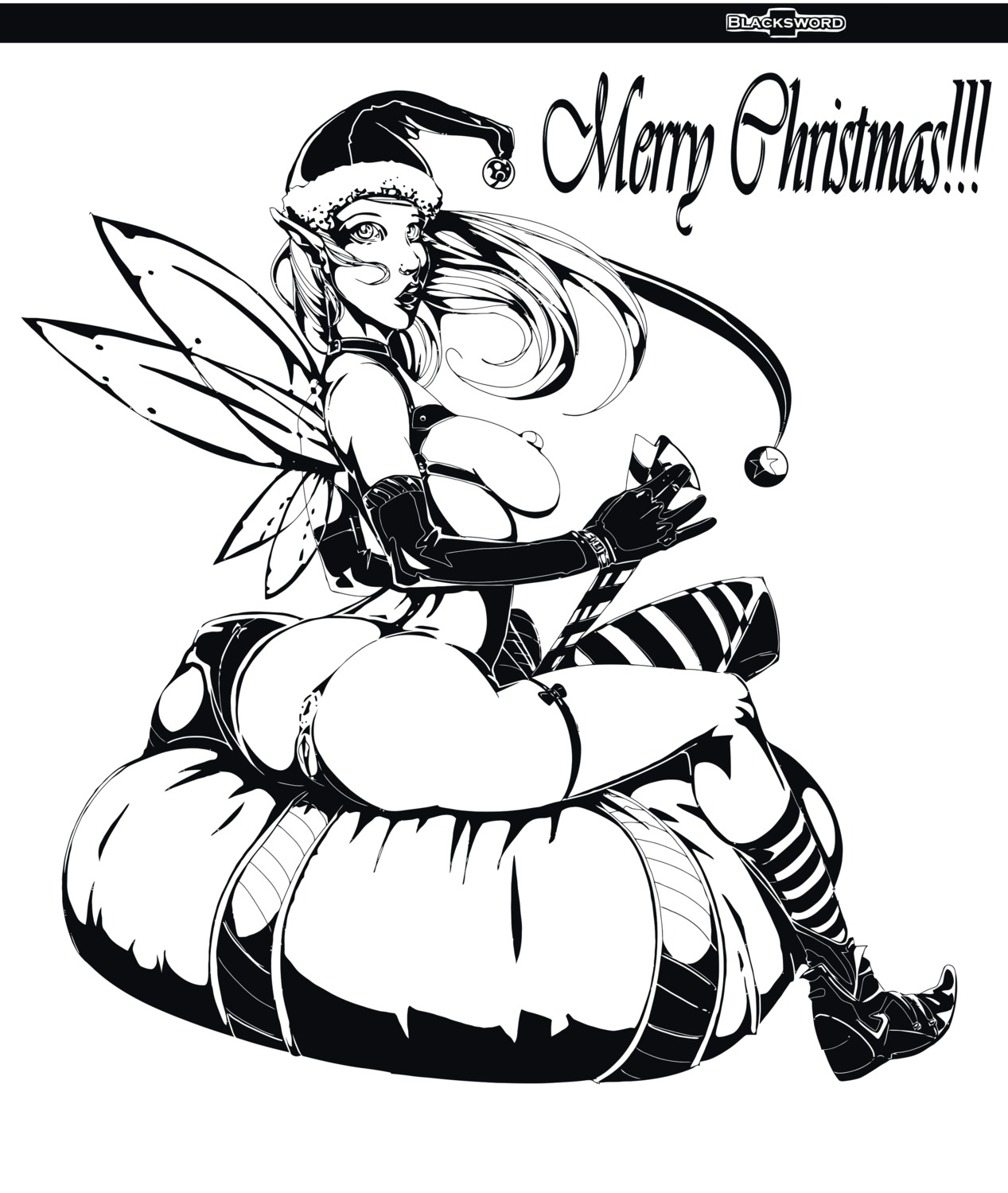 blacksword breasts butterfly_wings christmas elf female female_only monochrome rule34 solo tagme wings