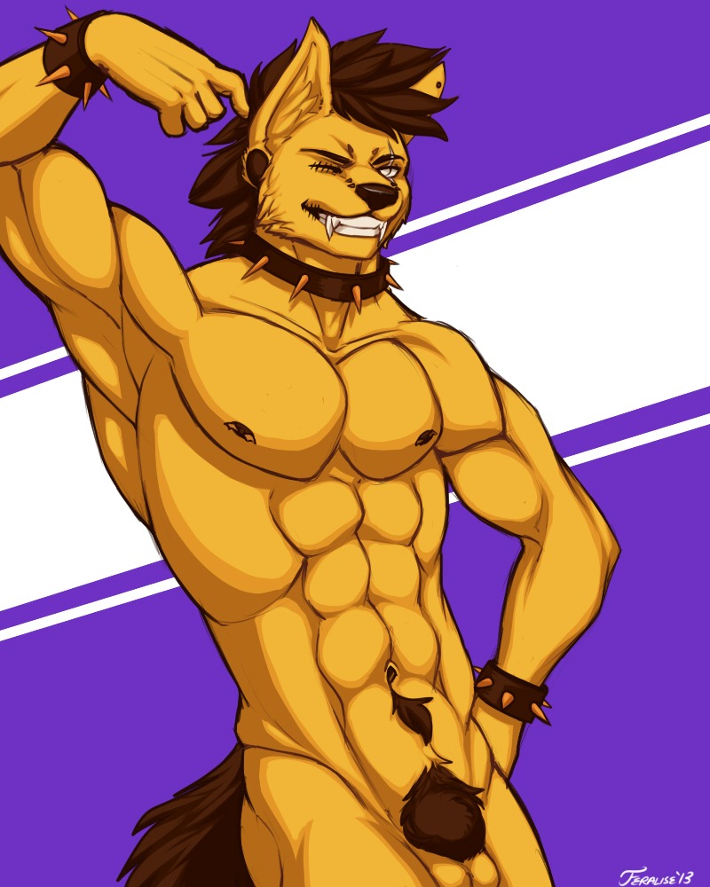 2013 4:5 abs animal_genitalia anthro balls biceps big_muscles biped black_nose bracelet brown_body brown_fur brown_hair brown_nose canid canine canis collar e621 ear_piercing fangs feralise flexing fully_sheathed fur genitals grin hair hand_on_hip jackal jewelry looking_at_viewer male mammal muscular muscular_anthro muscular_male navel nipples nude one_eye_closed pecs piercing pinup pose presenting pubes purple_background raised_arm scar sheath simple_background smile solo spiked_collar spikes standing teeth wink