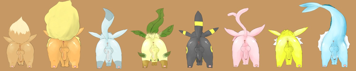 absurd_res all_fours anus backsack balls black_body black_fur blue_body blue_fur brown_background brown_body brown_fur butt canid canine e621 eevee eeveelution espeon feet feral flareon foreskin fur generation_1_pokemon generation_2_pokemon generation_4_pokemon genitals glaceon group hi_res jolteon leaf leafeon loki_(artist) long_image male mammal nintendo nude pawpads paws penis pokemon pokemon_(species) presenting presenting_hindquarters purple_body purple_fur simple_background tail tan_body tan_fur umbreon unavailable_at_source vaporeon wide_image yellow_body yellow_fur