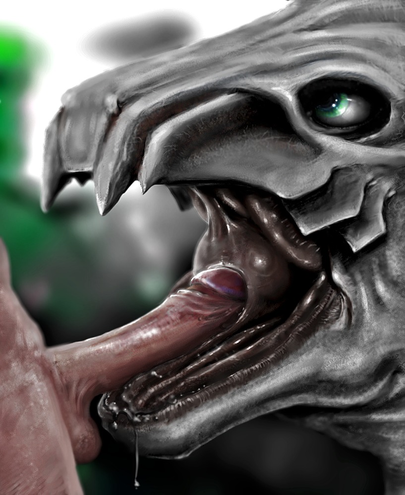 ambiguous_form ambiguous_gender anthro balls bodily_fluids close-up drooling duo e621 erection fellatio gaping_mouth genitals green_eyes human humanoid_genitalia humanoid_penis interspecies licking looking_up male male/ambiguous male_on_anthro mammal meandraco monster open_mouth oral oral_penetration penetration penile penis penis_lick saliva sex tongue tongue_out