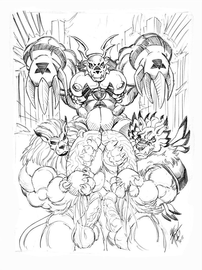 2011 anthro balls canine digimon digimon_(species) diphallia diphallism feline guilmon leomon lion male male_only monochrome multi_genitalia multi_penis penis reptile rule34 scalie tagme weregarurumon werewolf wolf