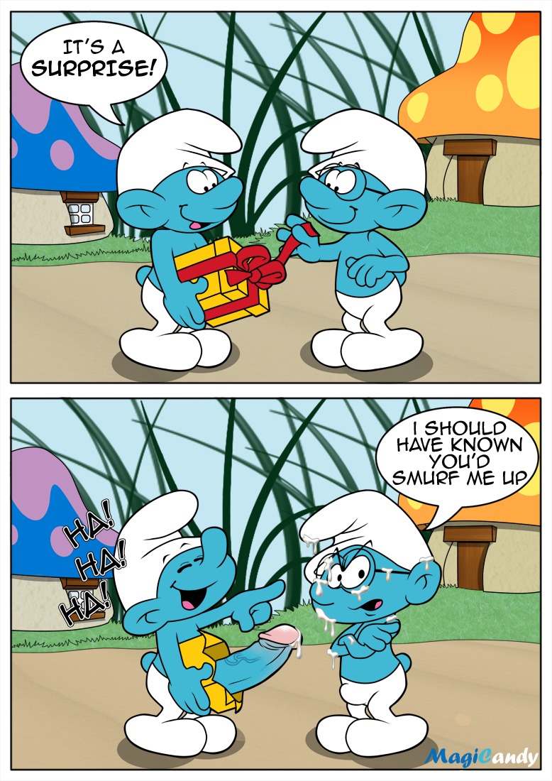 2boys blue_skin brainy_smurf cap closed_eyes crossed_arms cum_drip cum_dripping cum_on_face detailed_background dick_in_a_box erection_under_clothes gay gift glasses huge_cock jokey_smurf large_penis laughing magicandy male male_only mouth_open multiple_males mushroom_house penis pointing ribbon_trim round_ears rule34 tagme tail the_smurfs veiny_penis yaoi