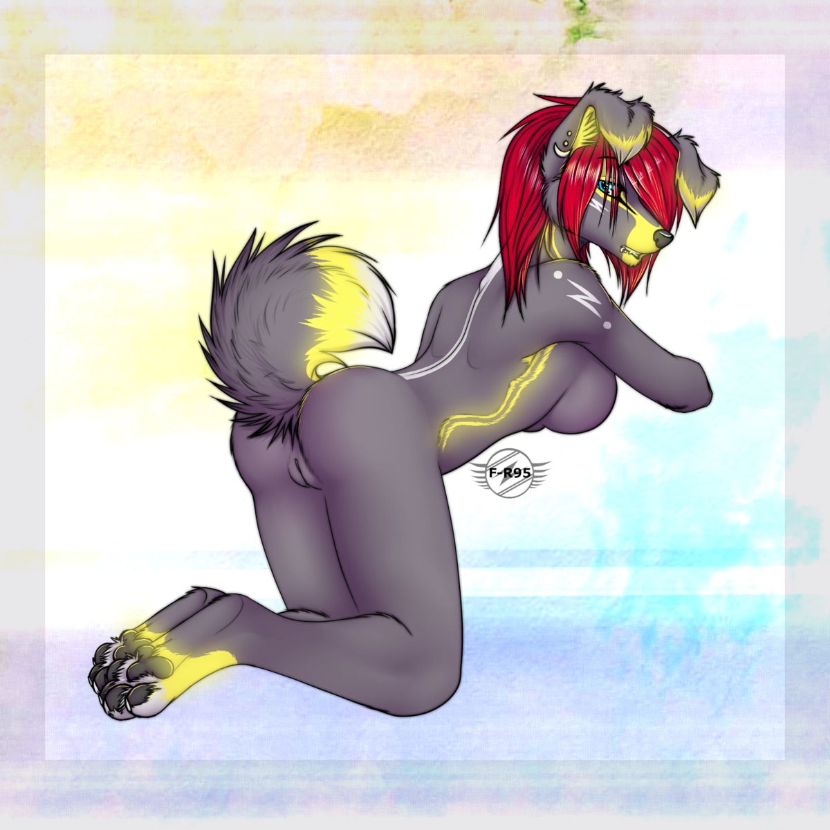1:1 4_toes anthro black_nose blue_eyes breasts butt canid canine digital_media_(artwork) e621 ear_piercing f-r95 f-r95_(character) feet female full-length_portrait fur genitals glowing grey_body grey_fur hair hi_res looking_at_viewer mammal nude pawpads paws piercing portrait red_hair solo toes vulva white_body white_fur yellow_body yellow_fur