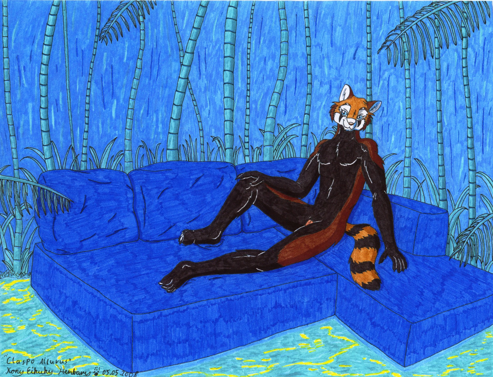 2008 ailurid anthro bamboo bamboo_tree blue_eyes detailed_background e621 furniture genitals hi_res konu_eikuku_hentaru light looking_at_viewer male mammal moonlight nature night nude outside penis penis_base pink_penis plant red_panda sketch sofa solo tail tree vein veiny_penis