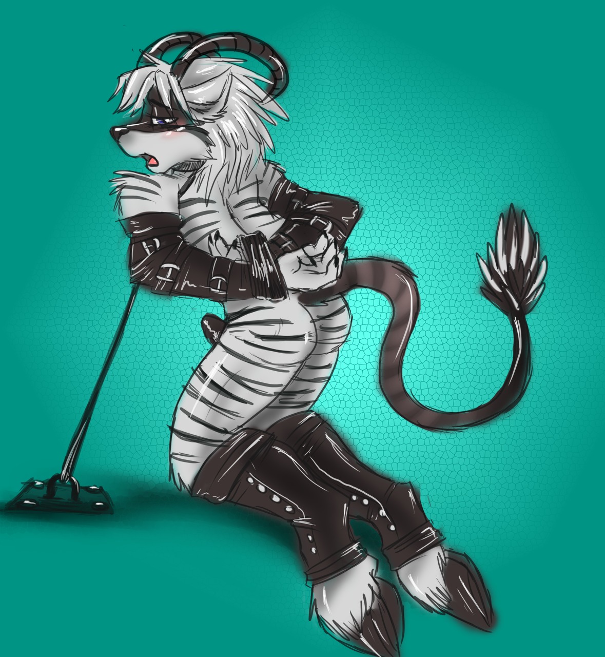 anthro bdsm belt blue_eyes blush bondage boots bound breath clothing collar cuff_(restraint) demora e621 erection exposed footwear fur genitals grey_body grey_fur handcuffs harness hi_res hooves horn josey_(canid) leash lock male mammal metal_cuffs orgasm_denial panting penis presenting prisoner restraints rope shackles shoes slave solo stripes submissive submissive_male tail tail_tuft tuft underhoof wire yaoifairy
