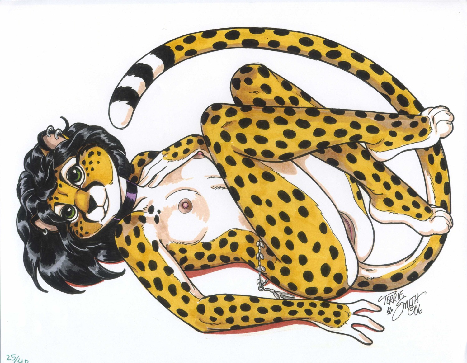 2006 anthro belly_chain breasts cheetah collar curled_up ear_piercing earring feline female fur furry high_resolution masada nude on_back piercing pussy reclining rule34 solo terrie_smith