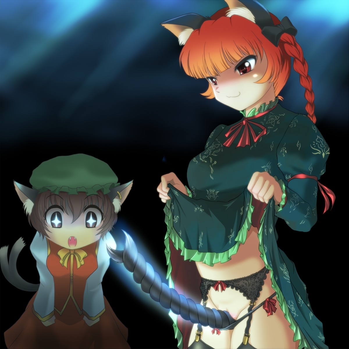 >:3 :3 animal_ears between_legs black_legwear black_panties black_thighhighs braid brown_eyes brown_hair cat_ears cat_tail chen dress dress_lift earrings fangs female garter_belt hair_ribbon hat highres jewelry multi_tail panties pussy red_eyes red_hair ribbon rin_kaenbyou rule34 short_hair symbol-shaped_pupils tail tail_between_legs tails thighhighs touhou uncensored underwear wancozow