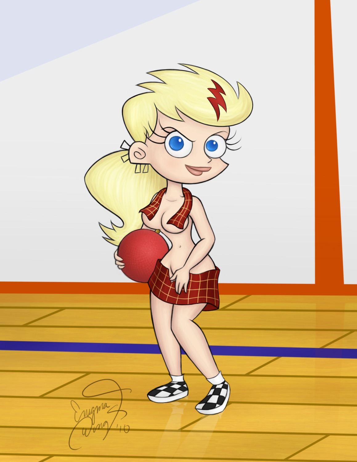 1girls 2010 blonde_hair blue_eyes breasts cartoon_network dodgeball enigmawing female female_only johnny_test_(series) navel rule34 sissy_blakely skimpy_clothes solo tagme towel