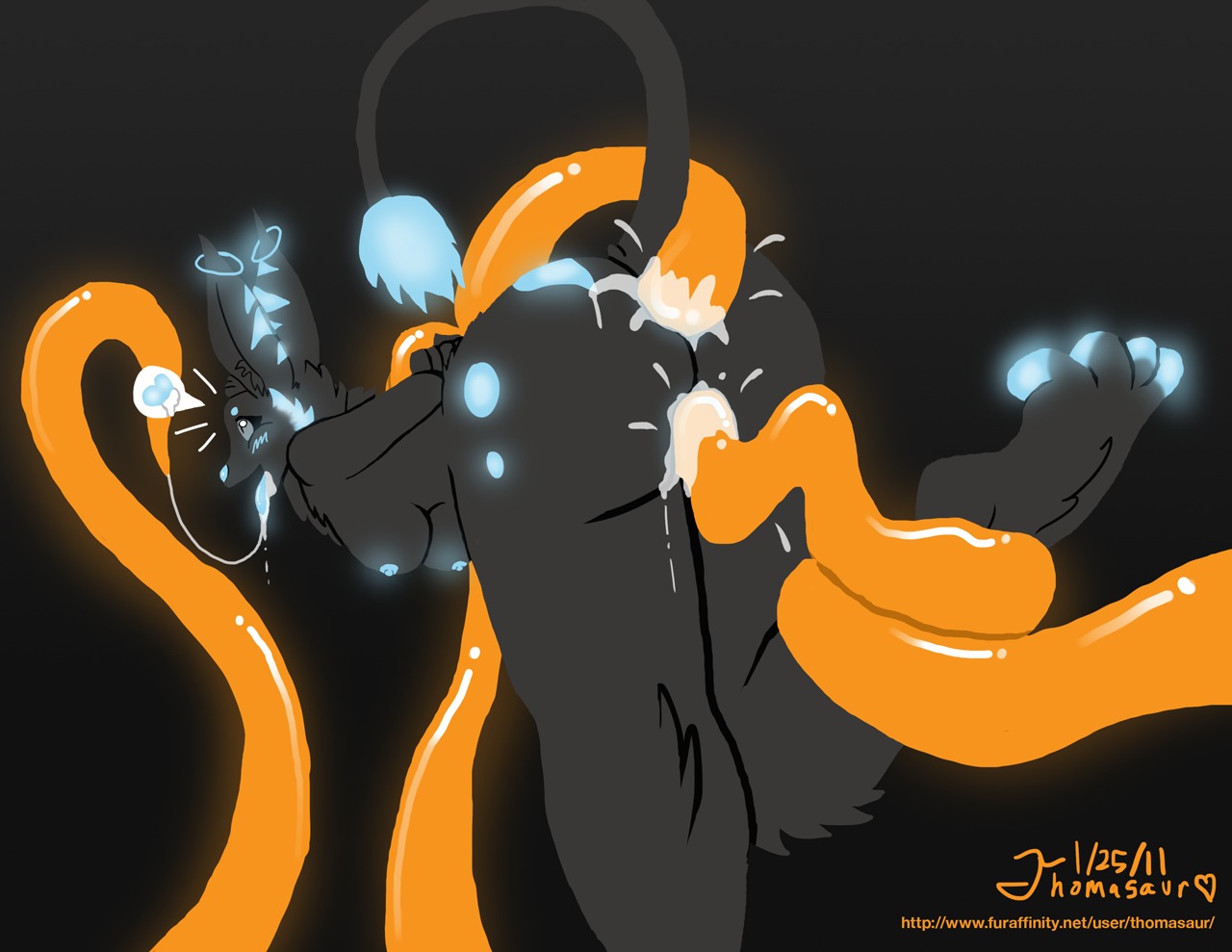 anthro blue_markings blue_nipples canid canine digital_media_(artwork) e621 female fur glowing grey_body grey_fur lilith_(thedeedeedee) mammal markings nipples portrait rear_view solo tail tail_tuft tentacles text thomasaur three-quarter_portrait tuft url