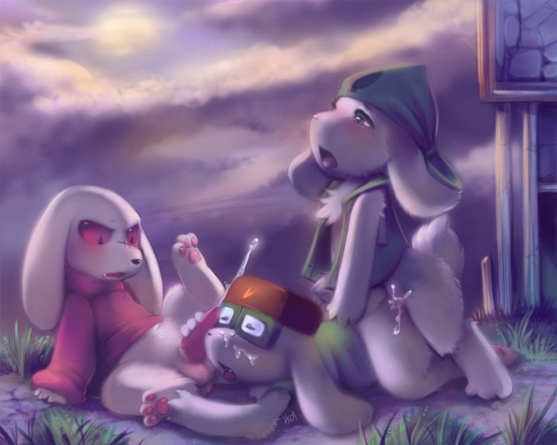 2009 anal animal_ear barefoot cave_story cum cute_fang doggy_style feet from_behind furry gay grass jack_(cave_story) king_(cave_story) male male_only mimiga no_humans open_mouth outdoors outside pawpads paws penis purplekecleon red_eyes rule34 sex soles spread_legs tail threesome toes uncensored yaoi