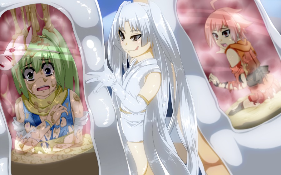 2girls 3girls clothing crying dissolving_clothes female green_hair grey_hair inside lamia monster_girl multiple_females multiple_girls naga open_mouth red_hair rule34 scared slime smile snake snake_vore stomach tail tear tongue vore