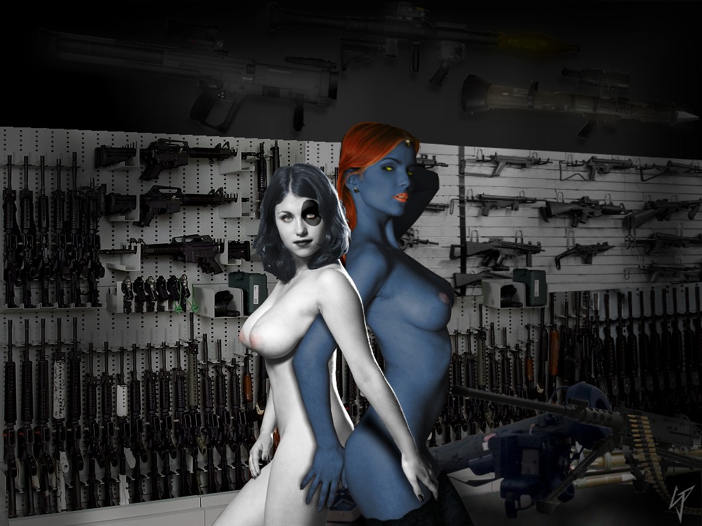2girls 3d black_hair blue-skinned_female blue_skin breasts domino_(marvel) female female_only fit fit_female grey_eyes guns human humanoid long_hair marvel marvel_comics mystique neena_thurman nipples red_hair rule34 white-skinned_female white_skin x-force x-men yellow_sclera