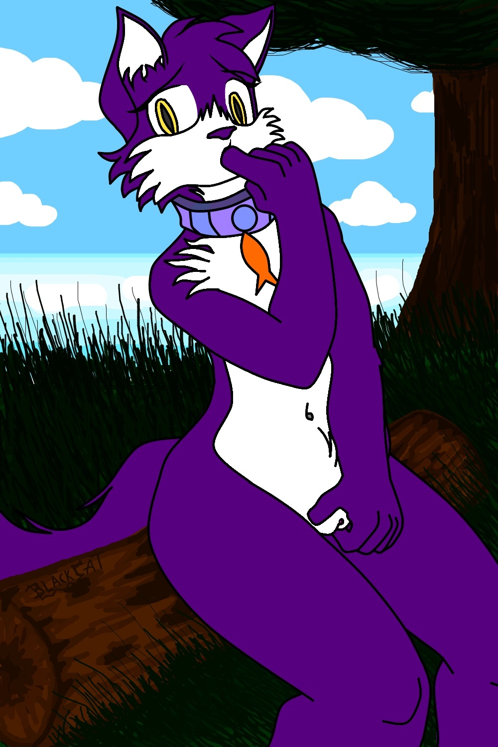 2:3 anthro biped blackcat collar e621 eyelashes felid female flat_chested genitals grape_jelly_(housepets!) hi_res housepets! mammal masturbation sitting solo tail vaginal vaginal_masturbation vulva yellow_eyes