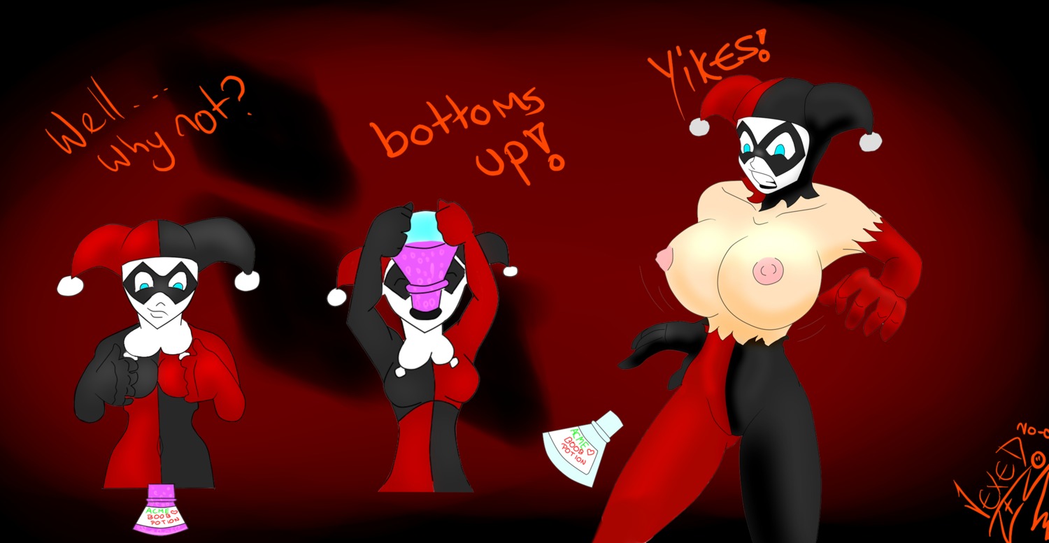 1girls batman:_the_animated_series batman_(series) big_breasts bodysuit breast_expansion breast_growth breast_growth_(enlargement) breasts dc dc_comics dcau dialogue drinking female female_only harley_quinn harley_quinn_(classic) huge_breasts nipples rule34 solo torn_bodysuit unknown_artist