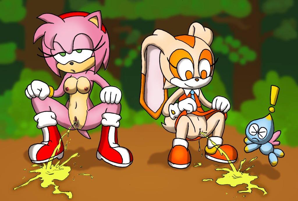 amy_rose anthro artist_request breasts cheese_the_chao clothing cream_the_rabbit dress dress_lift exposed_torso female footwear fur furry handwear hedgehog lagomorph outdoors peeing rabbit rule34 sega small_breasts sonic_(series) sonic_the_hedgehog_(series) straight_hair urine young