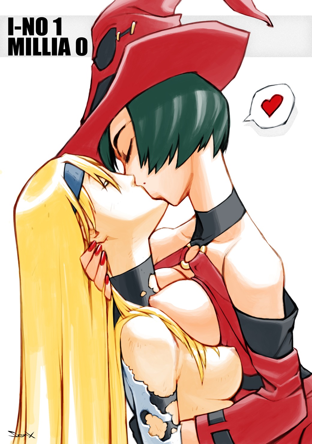 2girls bare_shoulders black_hair bob_cut breast_press breasts denx embrace female fingerless_gloves freideugoi french_kiss gloves guilty_gear hairband hat headband heart highres i-no kissing long_hair millia_rage mole multiple_females multiple_girls nail_polish nipples rule34 short_hair torn_clothes very_long_hair witch_hat yuri