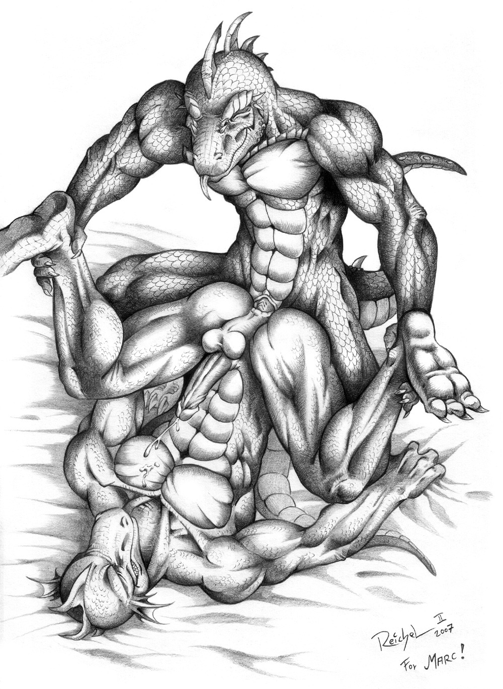 2007 anal anal_sex anthro balls cum cum_on_chest erection feet gay hindpaw lizard male muscles paws penetration penis reichel reptile rule34 scales scalie spines spread_legs spreading tail tongue tongue_out