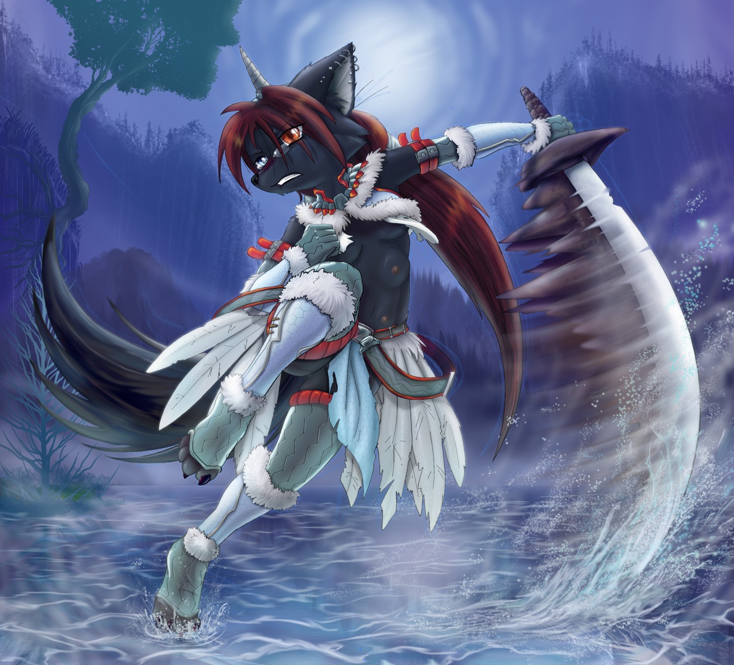 6_breasts action_pose angello_cauich anthro breasts canid canine capcom cosplay e621 eyewear female glasses hair heterochromia hi_res horn kirin_armor mammal melee_weapon monster_hunter multi_breast multi_nipple nipples outside pose raining red_hair sherly_karu solo supernumerary_breasts sword tail water weapon