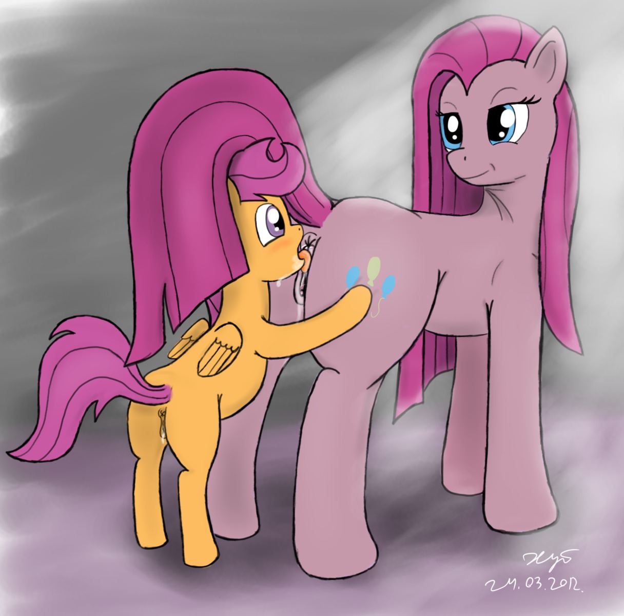 2012 anus blue_eyes blush bodily_fluids cunnilingus cutie_mark duo e621 earth_pony equid equine feathered_wings feathers female female/female feral friendship_is_magic genitals hair hasbro hi_res horse looking_back mammal my_little_pony mythological_creature mythological_equine mythology oral orange_body orange_feathers pegasus pink_hair pinkamena_(mlp) pinkie_pie_(mlp) pony purple_eyes purple_hair quadruped saliva scootaloo_(mlp) sex straight_hair tail vaginal vulva wet wings xyi young young_feral