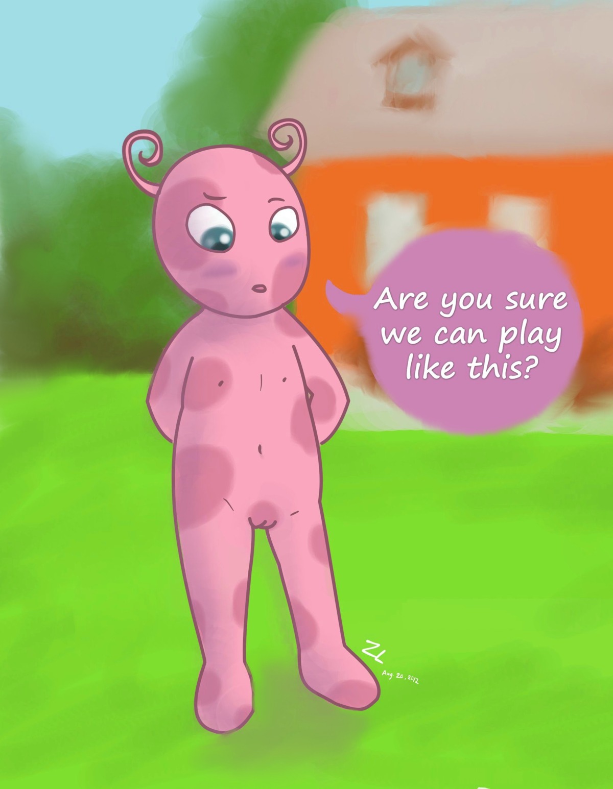 2012 absurd_res anthro backyard backyardigans blue_eyes blush child dialogue digital_media_(artwork) e621 english_text female genitals hi_res innie_vulva navel nipples open_mouth pink_body signature solo text uniqua vulva young young_anthro zeklullaby