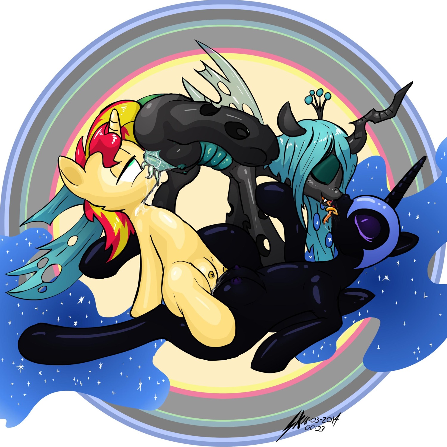 1:1 2014 absurd_res ahegao areola arthropod black_body black_feathers blue_hair changeling_(mlp) daisy_chain dated e621 equestria_girls equid equine eyes_closed feathered_wings feathers female female/female feral feral_on_feral french_kissing friendship_is_magic genitals group group_sex hair half-closed_eyes hasbro hi_res hole_(anatomy) horn insect_wings kissing looking_pleasured mammal multicolored_hair my_little_pony mythological_creature mythological_equine mythology narrowed_eyes nightmare_moon_(mlp) nipples oral pedrohspacewolfy queen_chrysalis_(mlp) sex spread_legs spreading sunset_shimmer_(eg) teats threesome tongue tribadism two_tone_hair unicorn vaginal vulva winged_unicorn wings